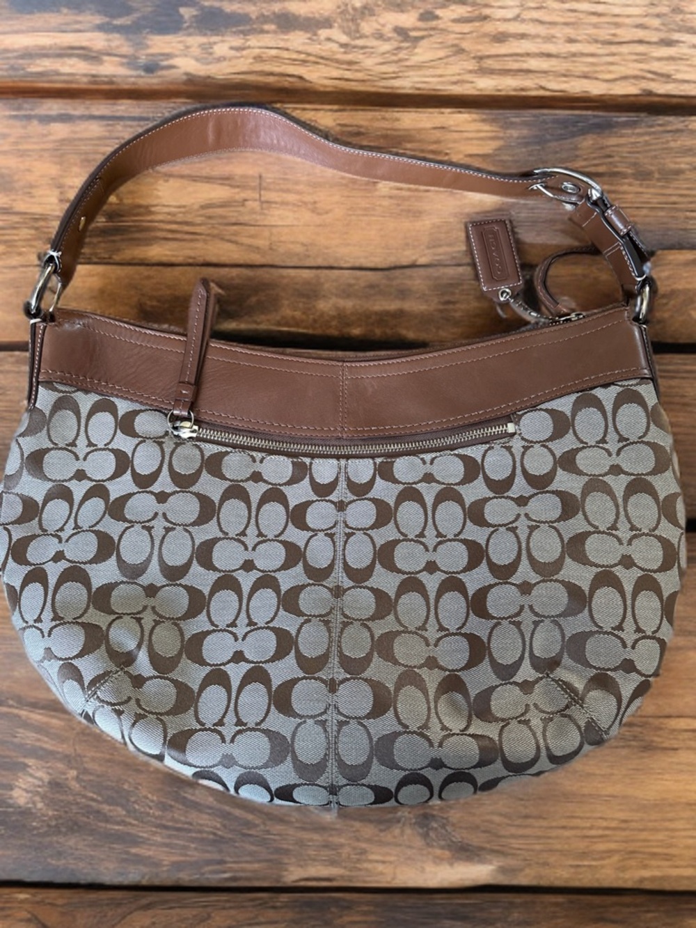 Coach Signature Jacquard Hobo Shoulder Bag Brown Leather Large 18” - Picture 2 of 5